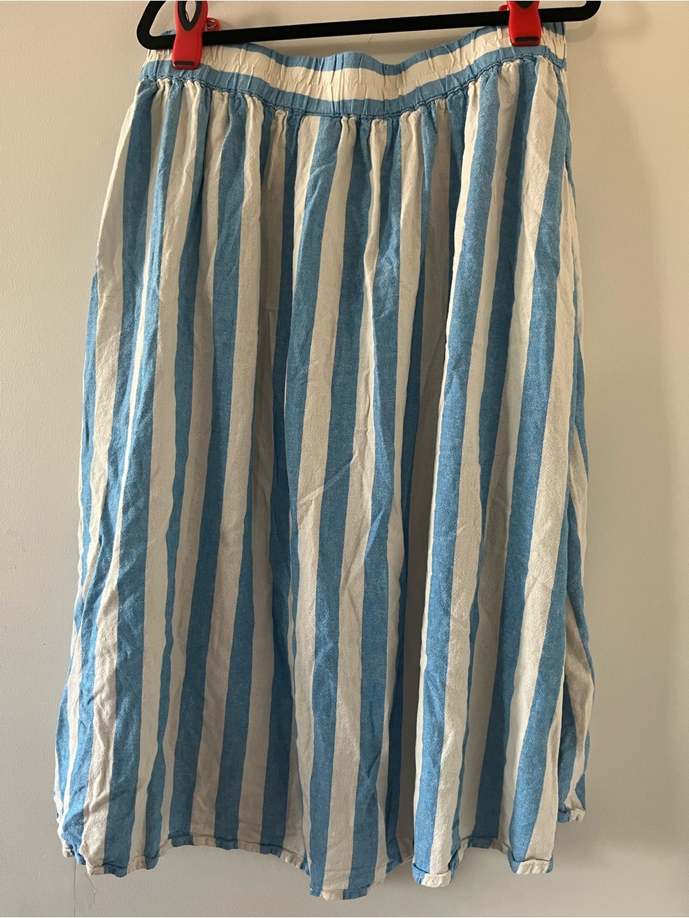 Blue Cream Striped Linen Blend Midi Skirt Large Coastal Beach Resort Euro Summer - Picture 5 of 7
